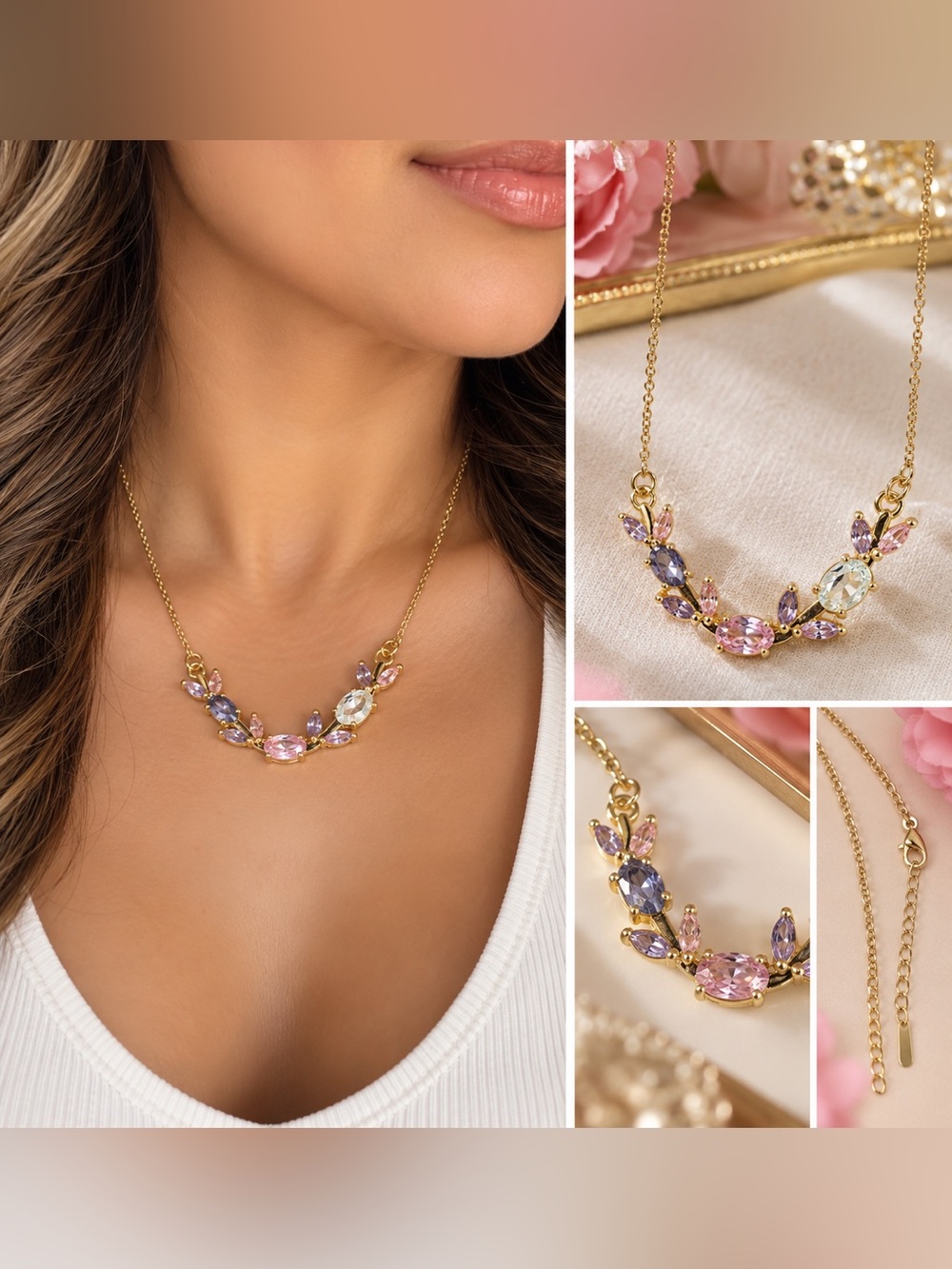 💜🆕💜Delicate Gold Crystal Necklace in Pink & Purple